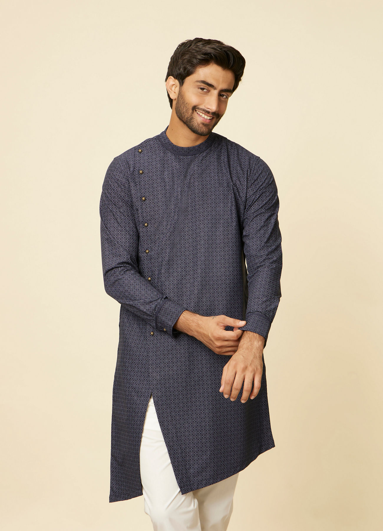 Manyavar Men Midnight Blue Grid Patterned Kurta Set