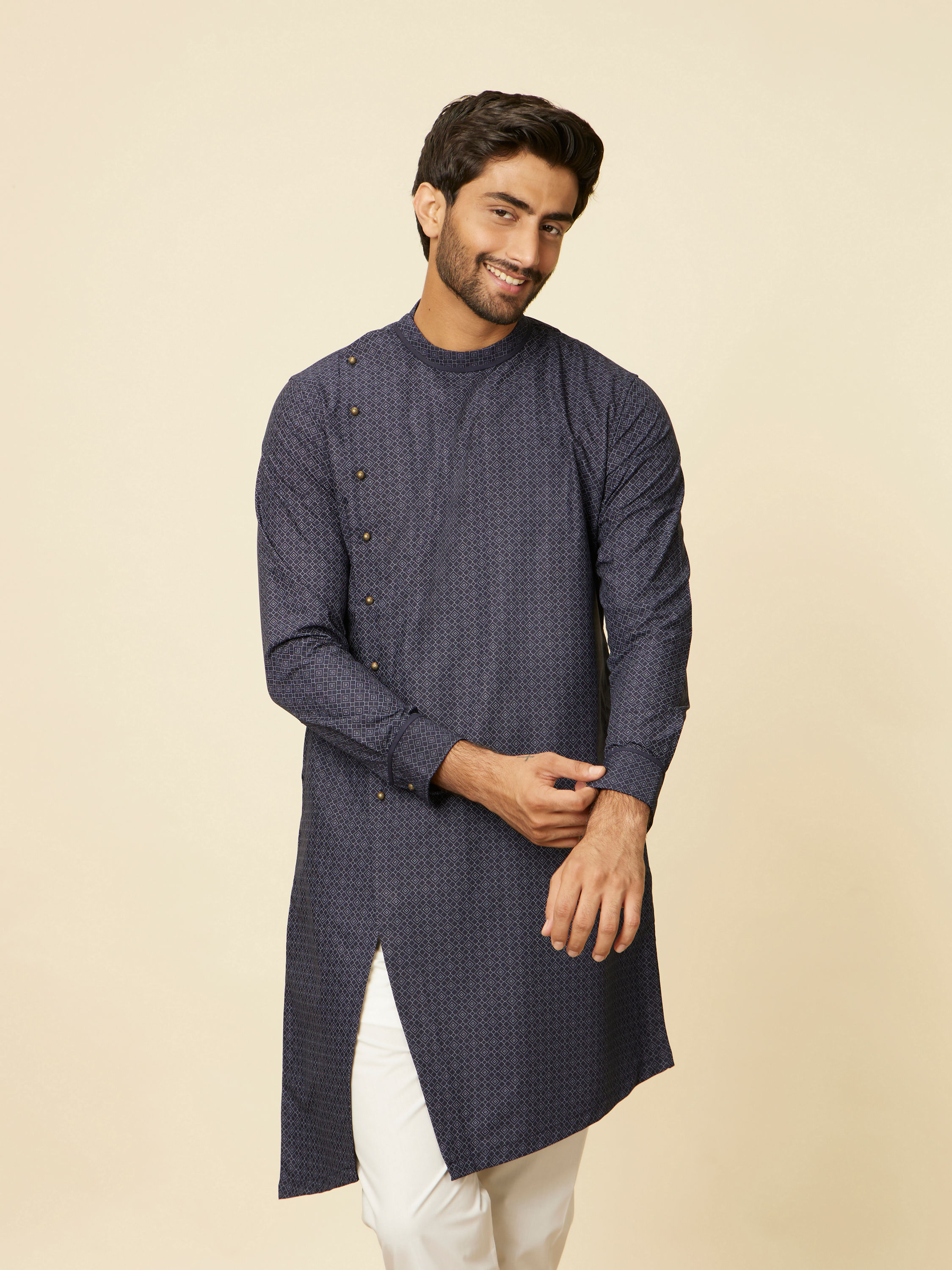 Manyavar Men Midnight Blue Grid Patterned Kurta Set