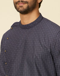 Manyavar Men Midnight Blue Grid Patterned Kurta Set