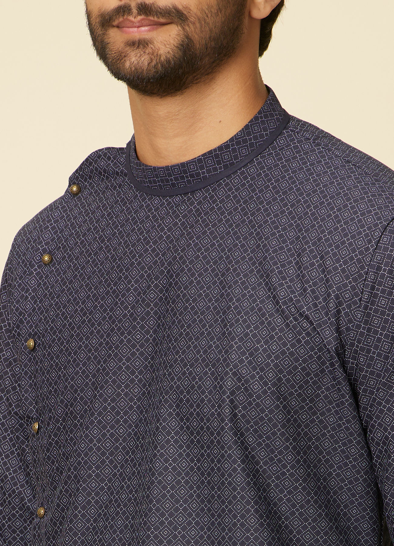 Manyavar Men Midnight Blue Grid Patterned Kurta Set