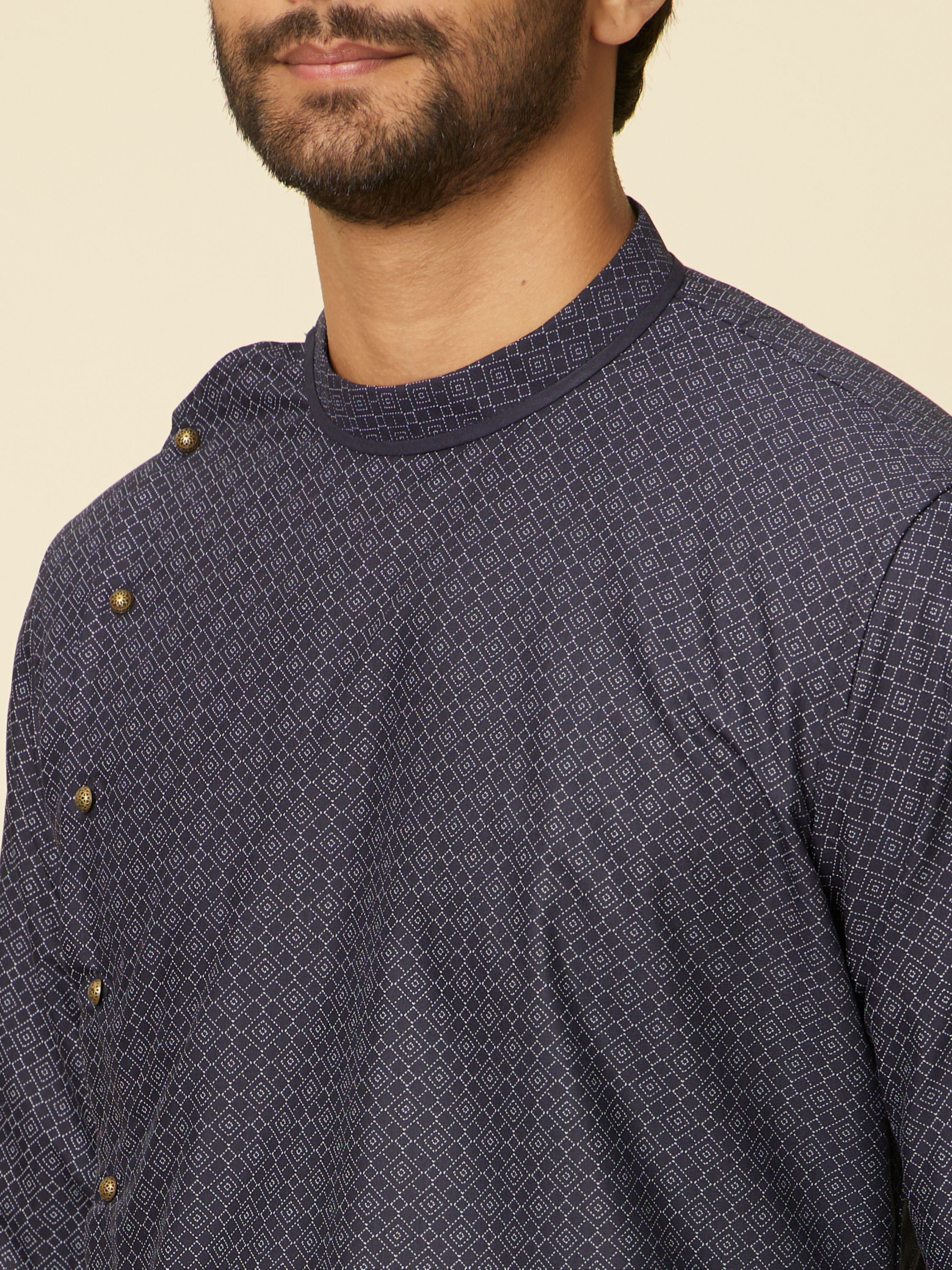 Manyavar Men Midnight Blue Grid Patterned Kurta Set