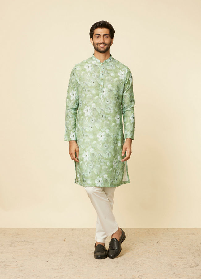 Manyavar Men Light Mid Green Floral Printed Kurta Set