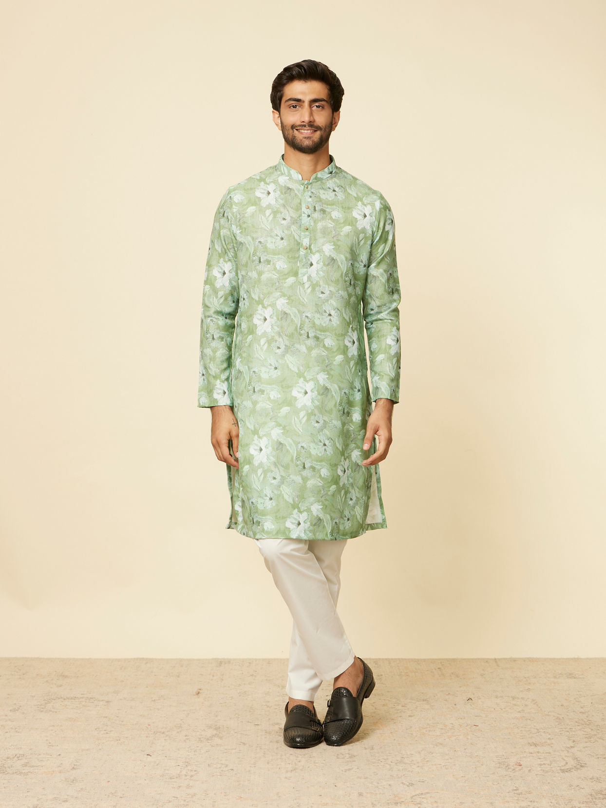 Manyavar Men Light Mid Green Floral Printed Kurta Set