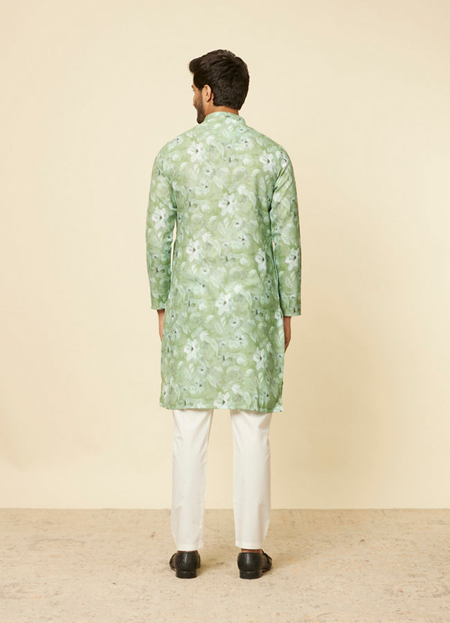 Manyavar Men Light Mid Green Floral Printed Kurta Set