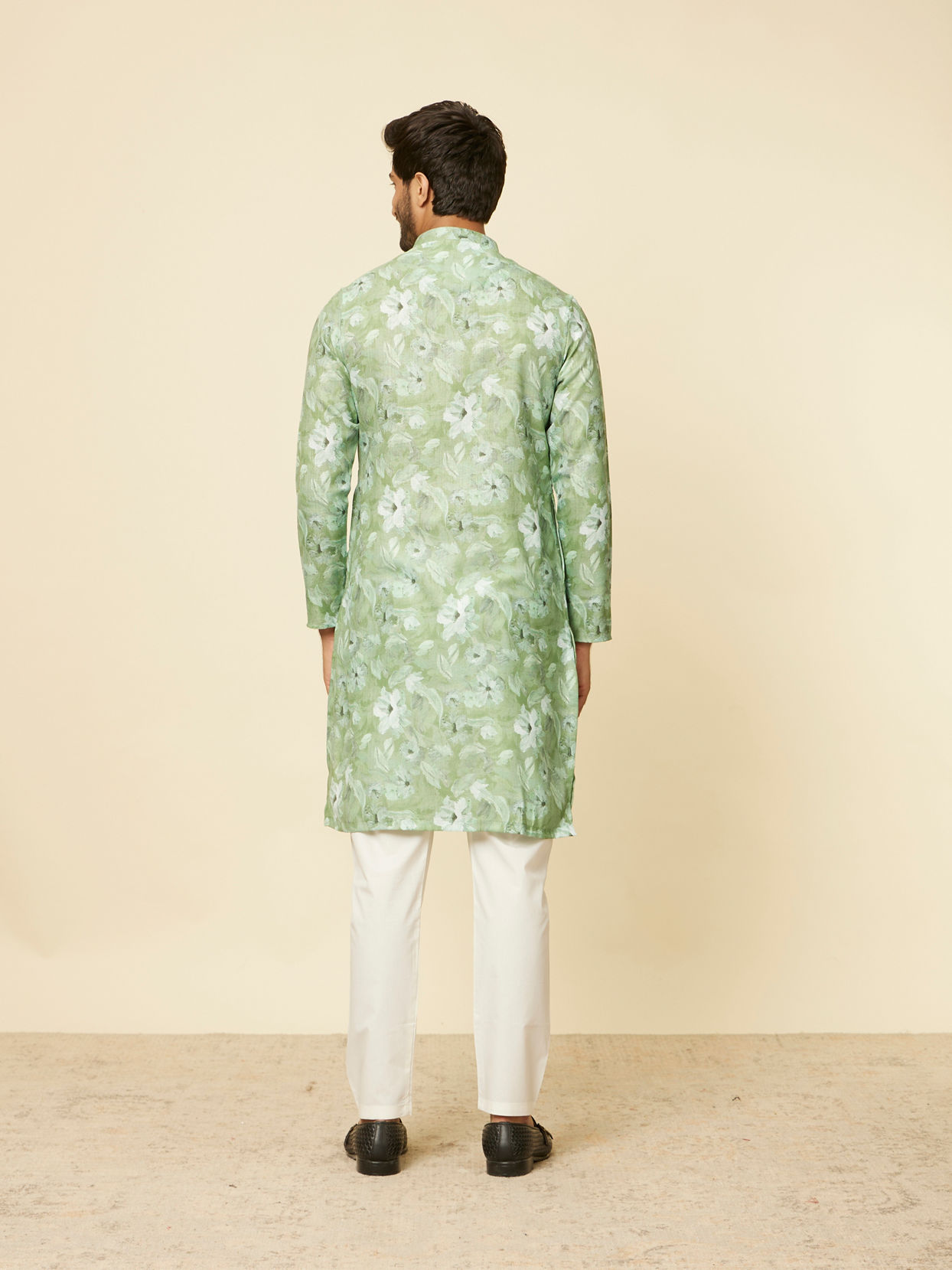 Manyavar Men Light Mid Green Floral Printed Kurta Set