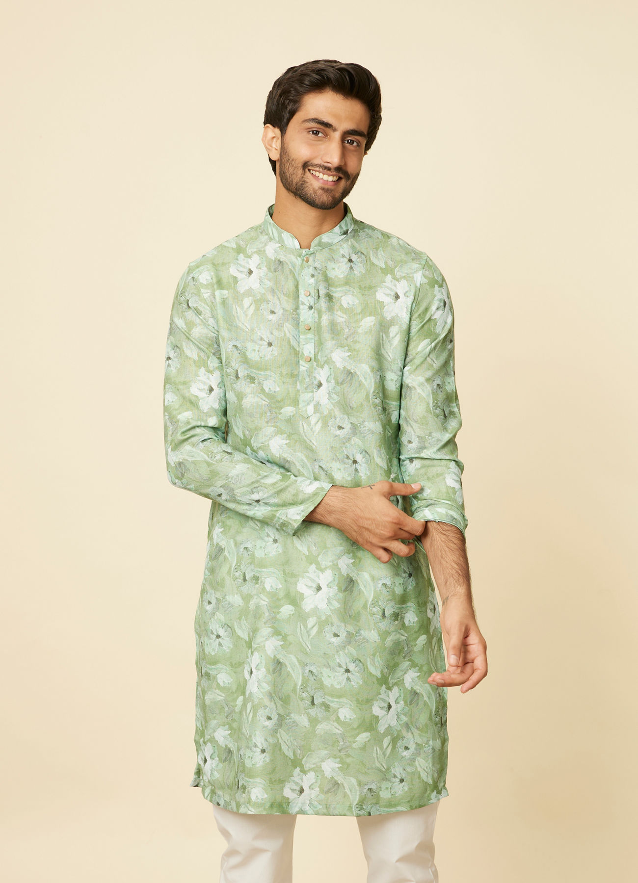 Manyavar Men Light Mid Green Floral Printed Kurta Set