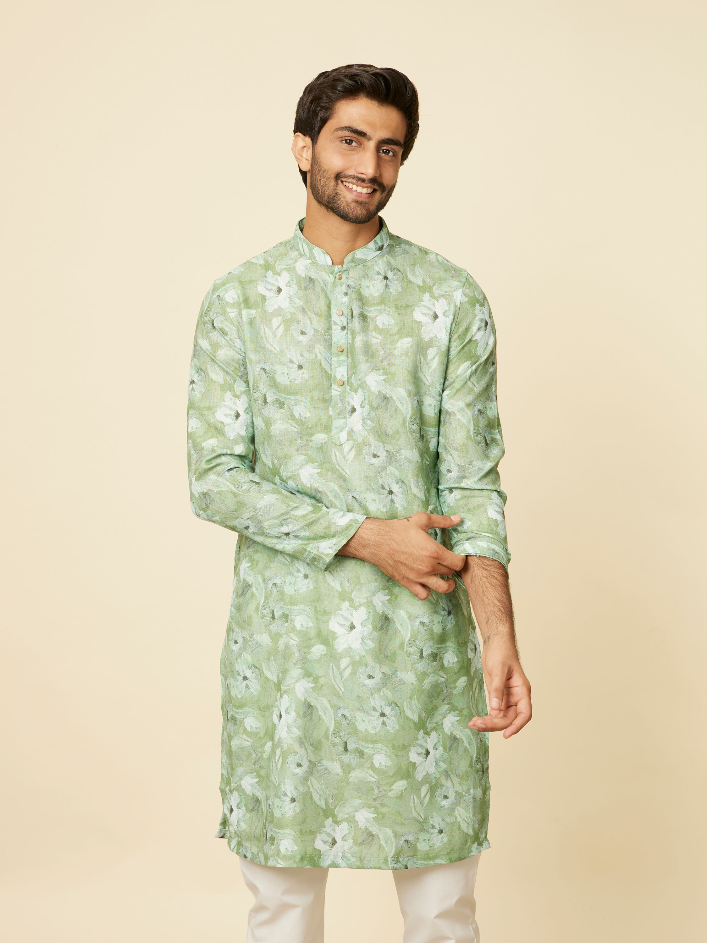 Manyavar Men Light Mid Green Floral Printed Kurta Set