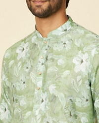 Manyavar Men Light Mid Green Floral Printed Kurta Set