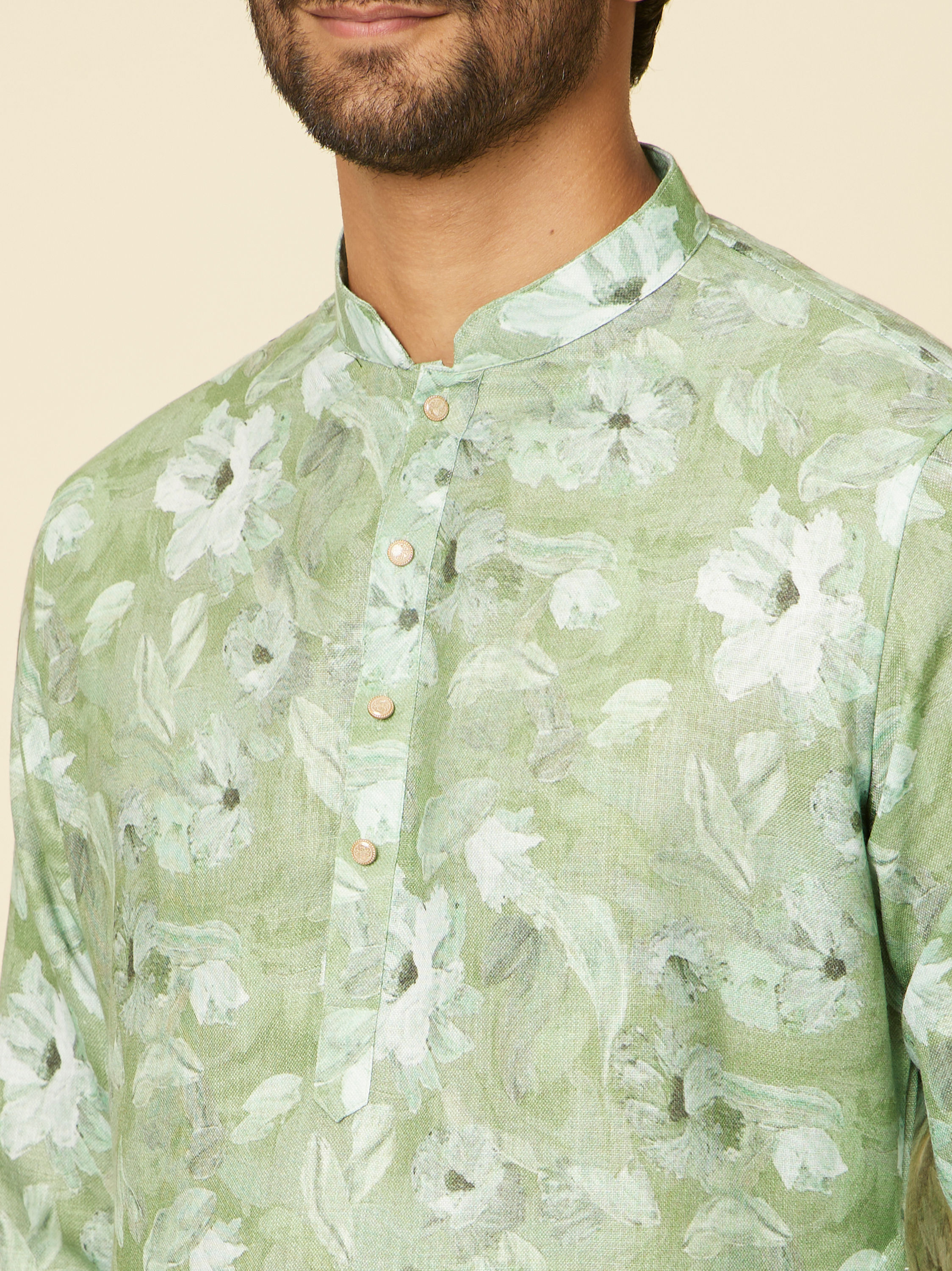 Manyavar Men Light Mid Green Floral Printed Kurta Set