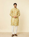 Manyavar Men Mustard Gold Floral Printed Kurta Set