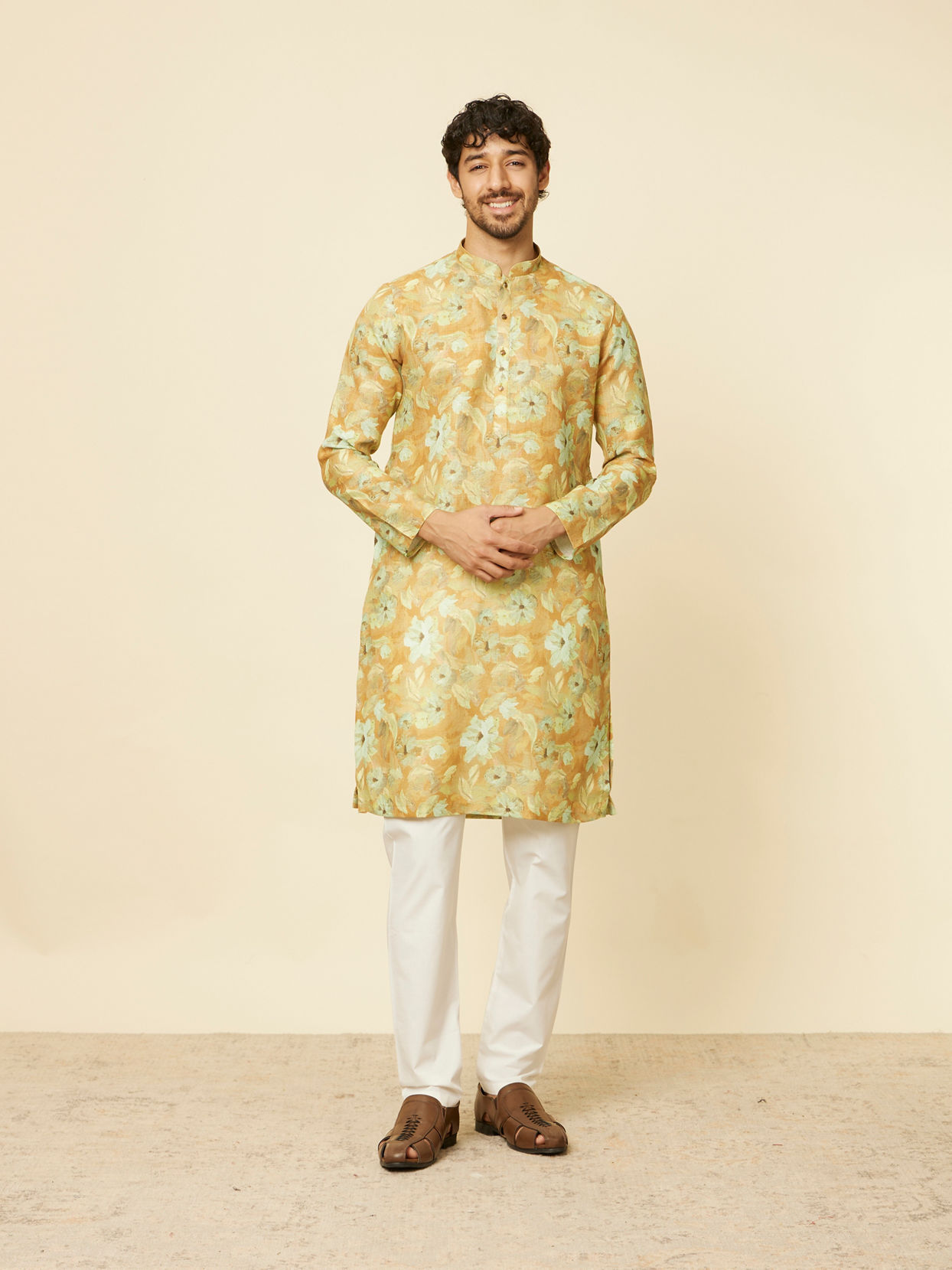 Manyavar Men Mustard Gold Floral Printed Kurta Set