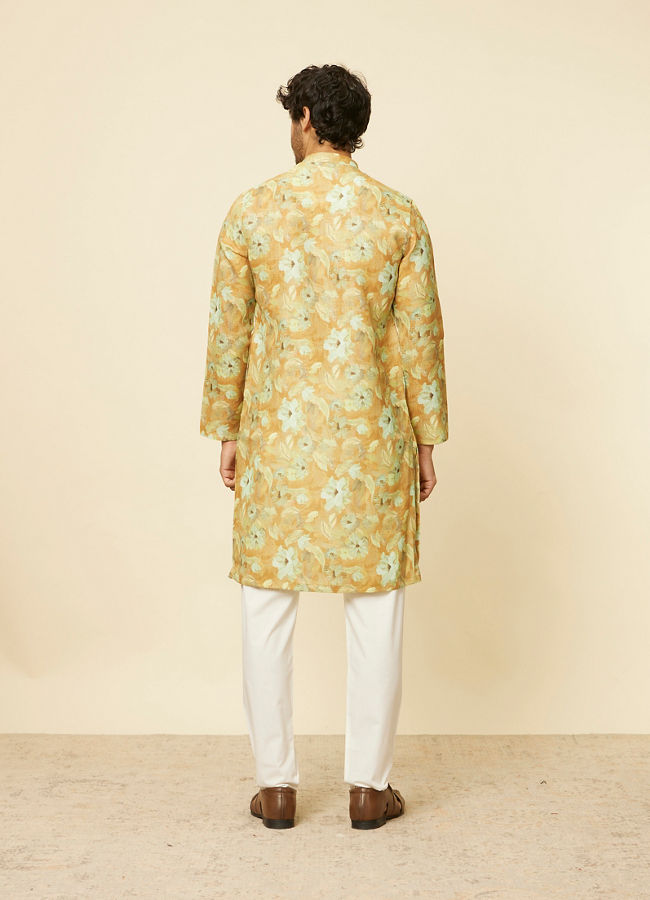 Manyavar Men Mustard Gold Floral Printed Kurta Set