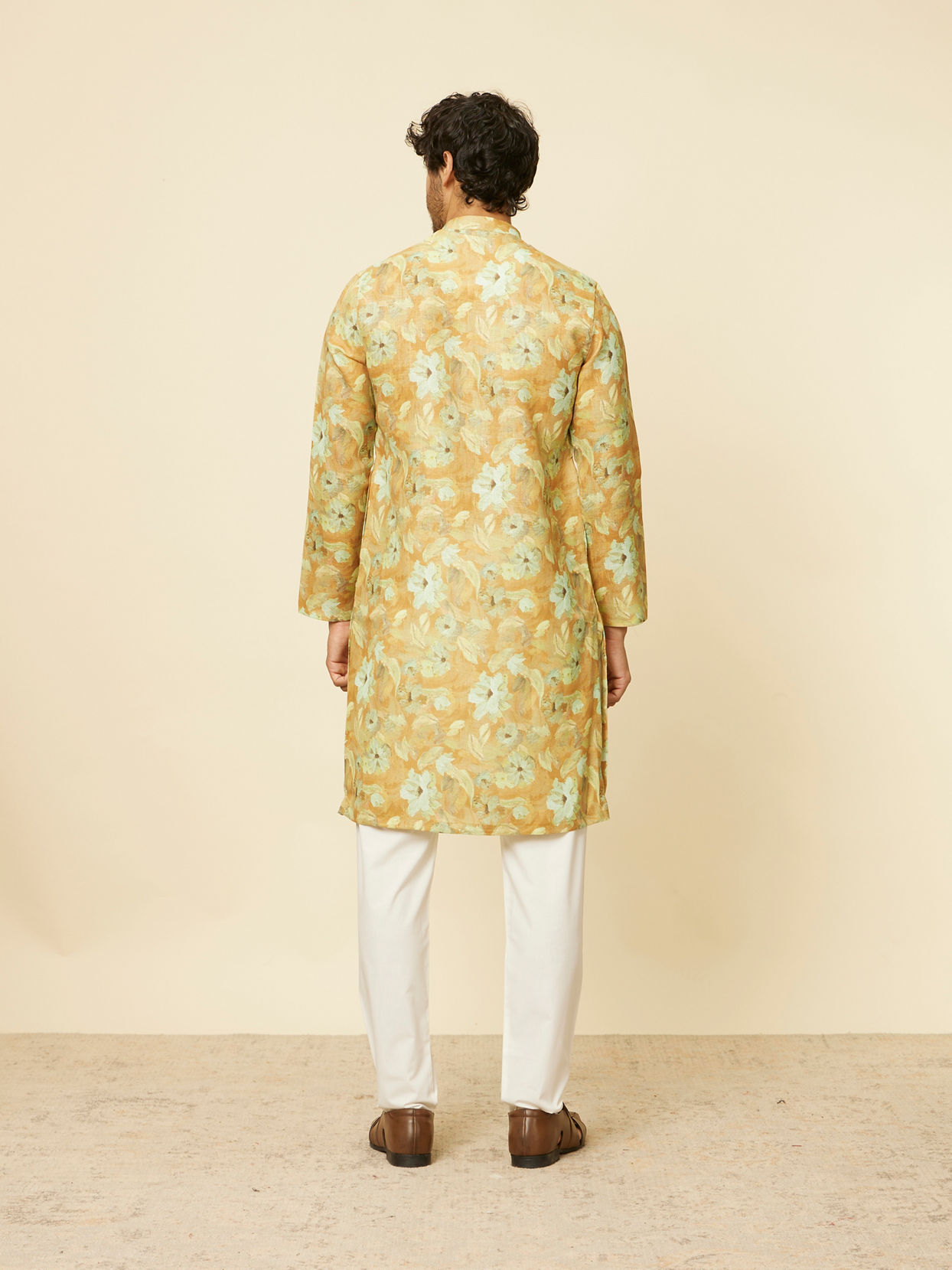 Manyavar Men Mustard Gold Floral Printed Kurta Set