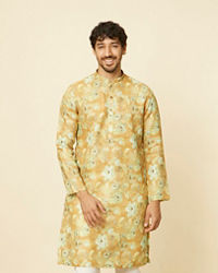 Manyavar Men Mustard Gold Floral Printed Kurta Set