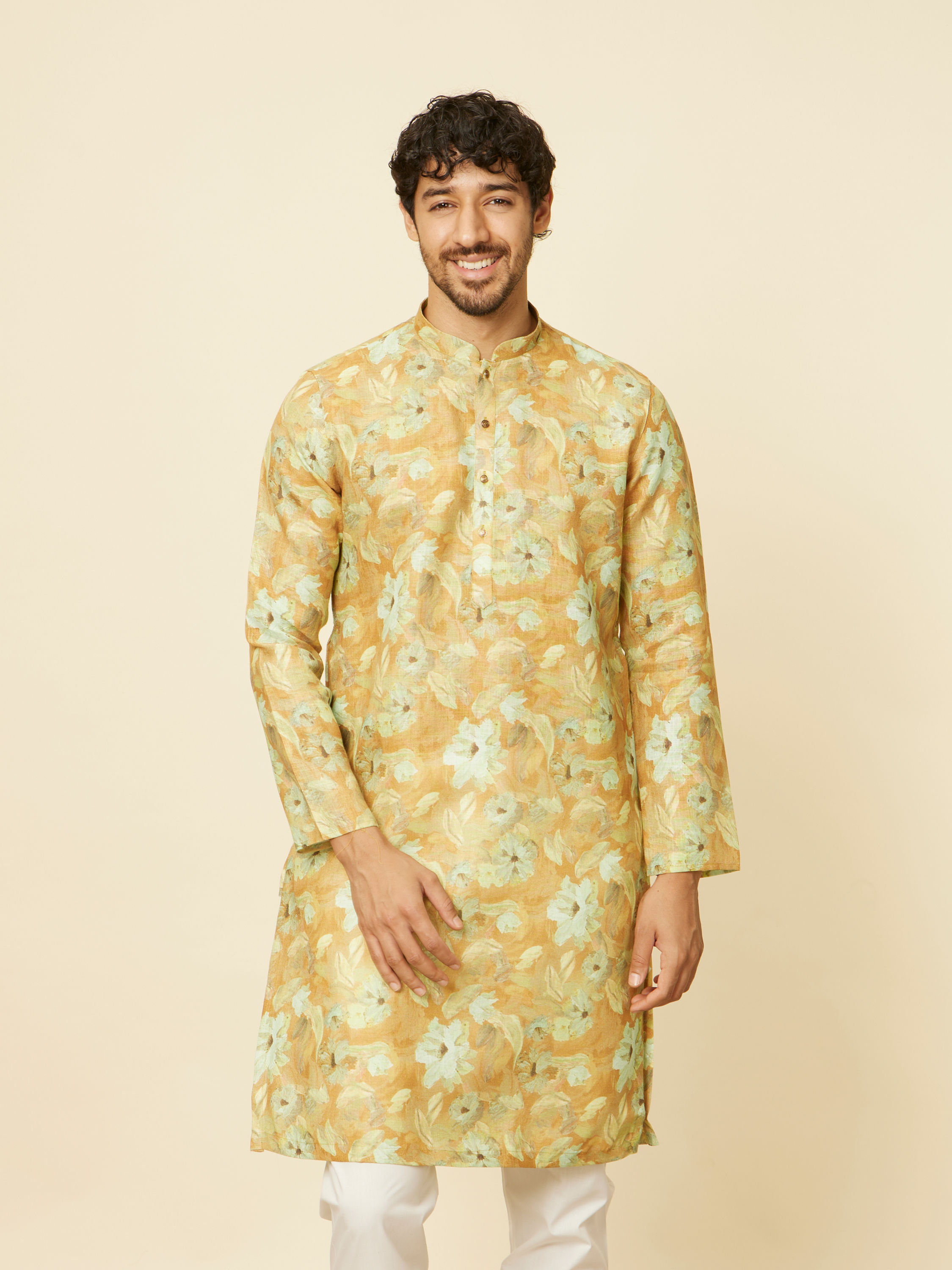 Manyavar Men Mustard Gold Floral Printed Kurta Set