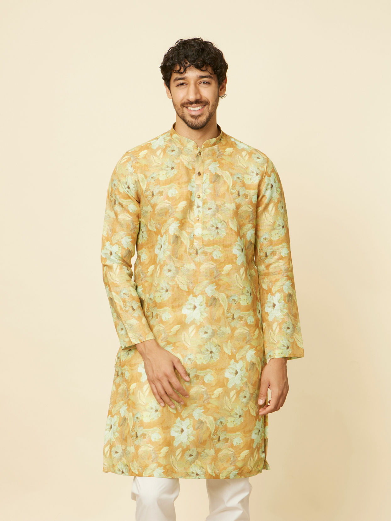 Manyavar Men Mustard Gold Floral Printed Kurta Set