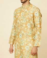 Manyavar Men Mustard Gold Floral Printed Kurta Set