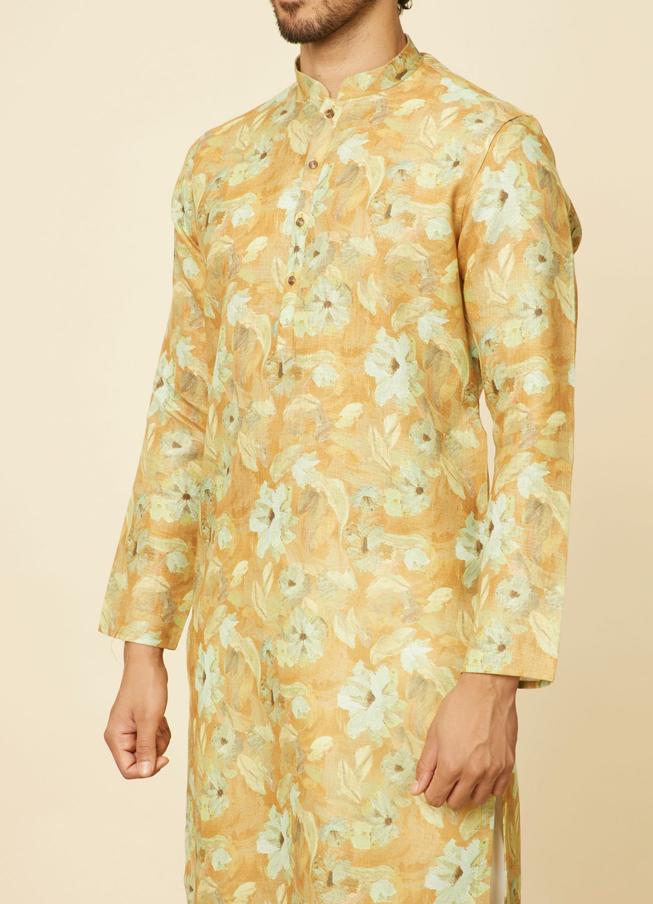 Manyavar Men Mustard Gold Floral Printed Kurta Set