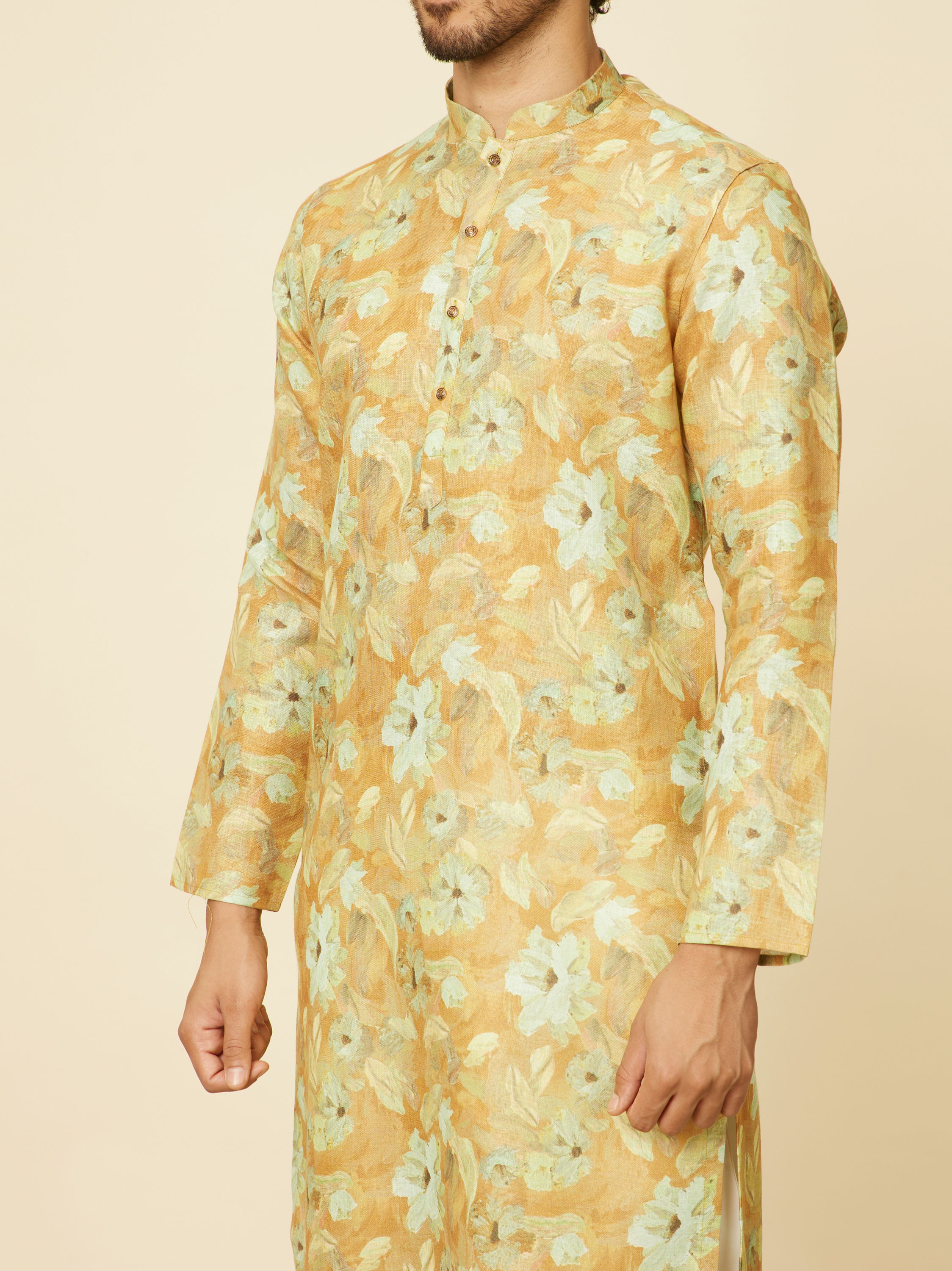 Manyavar Men Mustard Gold Floral Printed Kurta Set