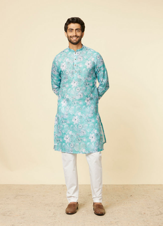 Manyavar Men Turquoise Floral Printed Kurta Set