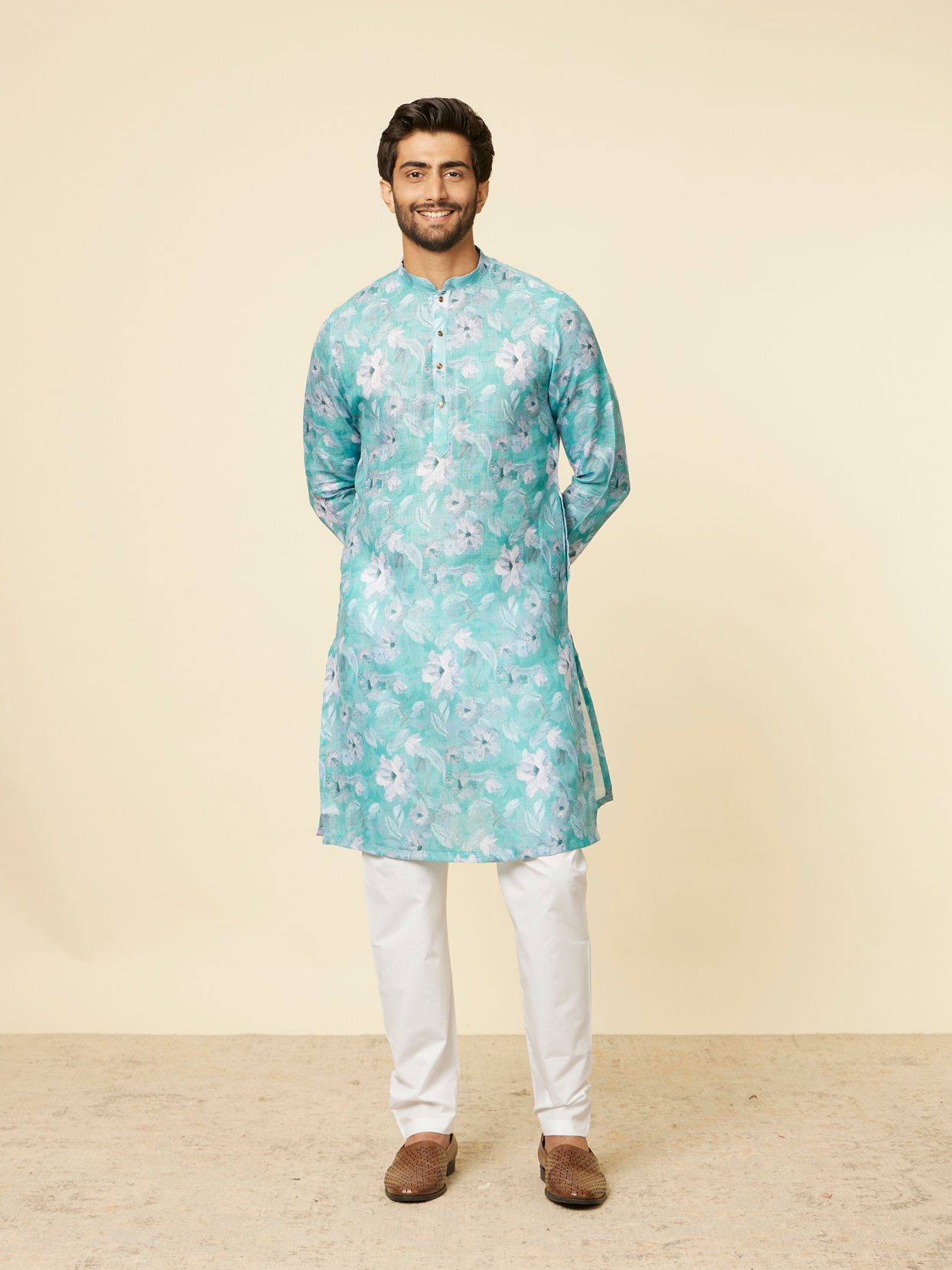 Manyavar Men Turquoise Floral Printed Kurta Set