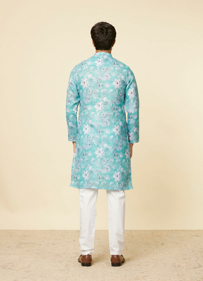 Manyavar Men Turquoise Floral Printed Kurta Set