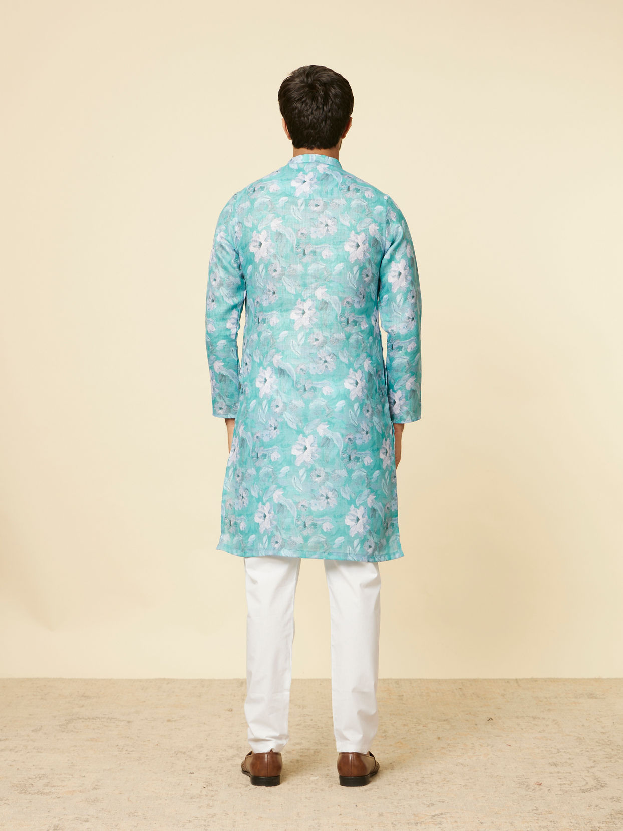 Manyavar Men Turquoise Floral Printed Kurta Set