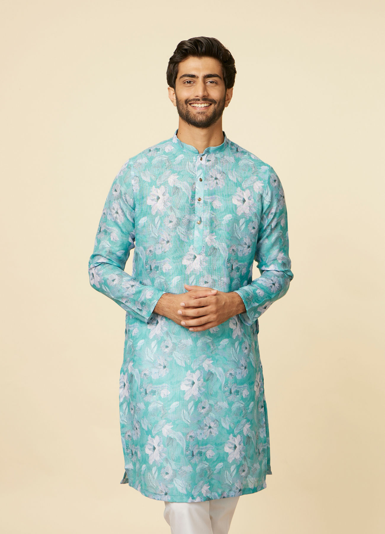 Manyavar Men Turquoise Floral Printed Kurta Set