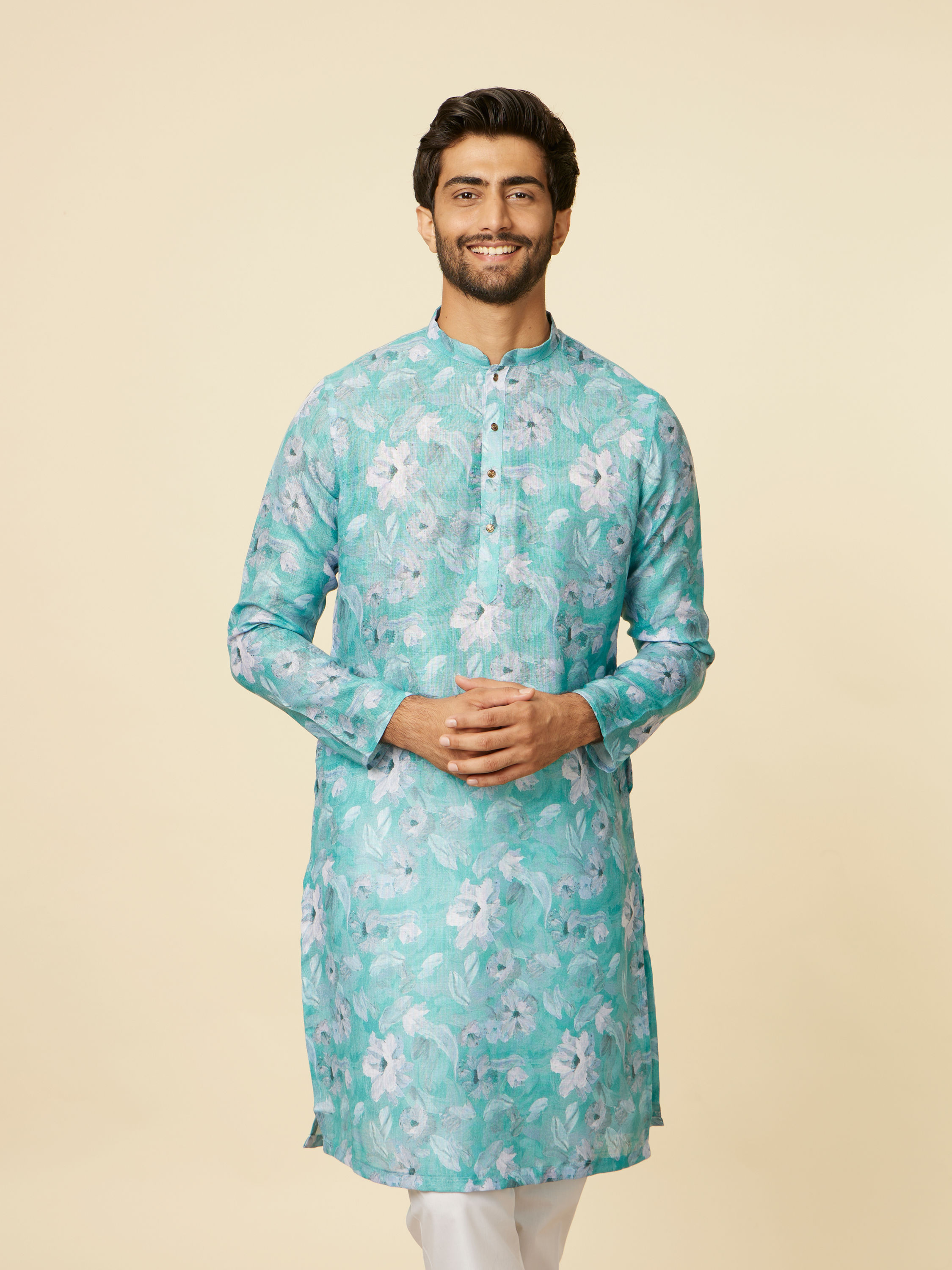 Manyavar Men Turquoise Floral Printed Kurta Set