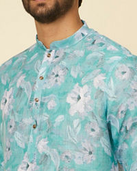 Manyavar Men Turquoise Floral Printed Kurta Set