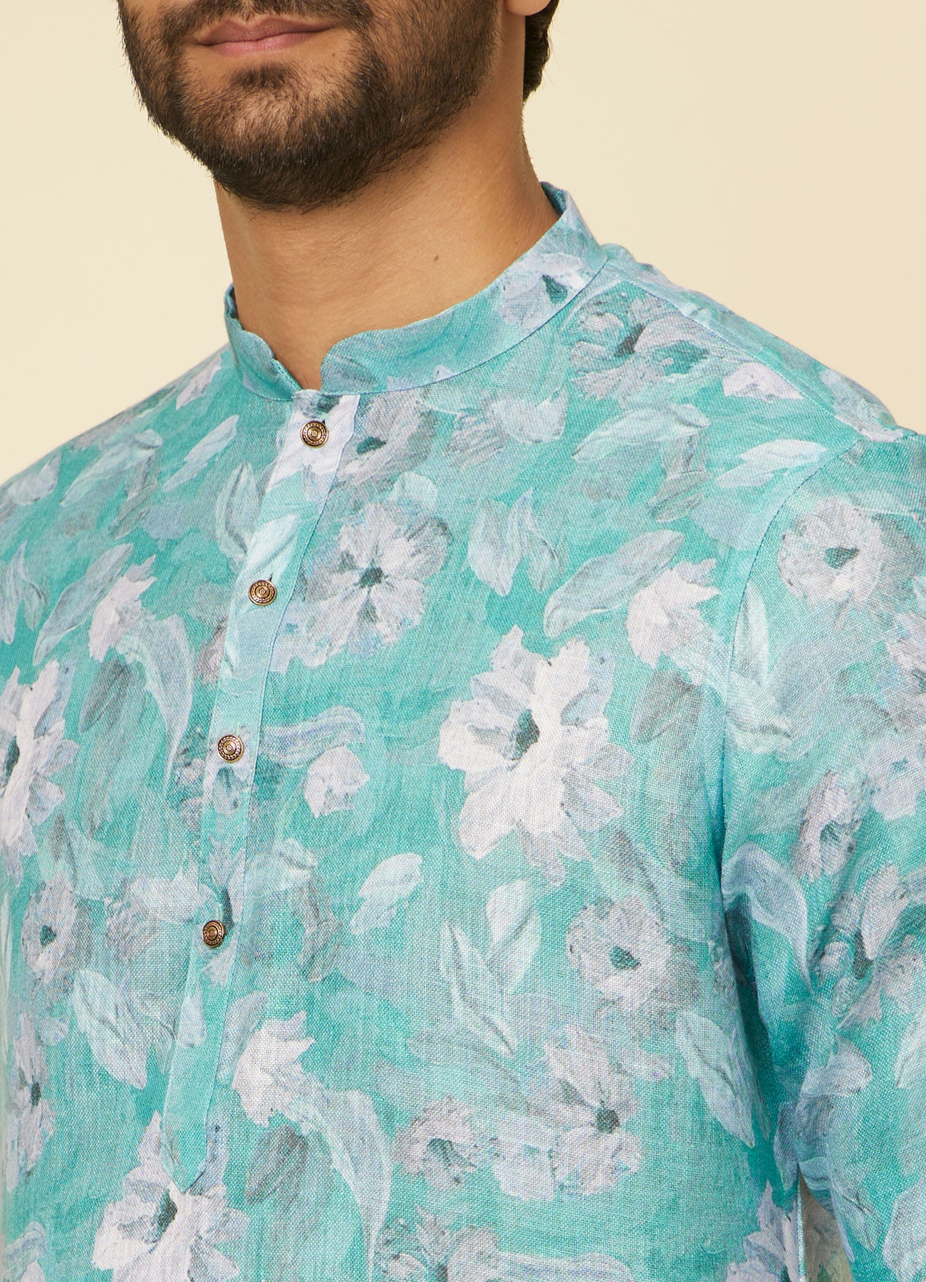 Manyavar Men Turquoise Floral Printed Kurta Set