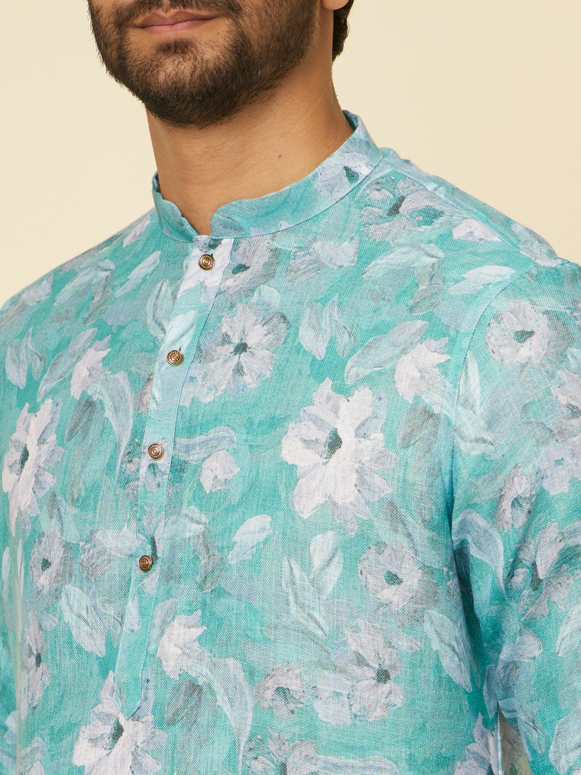 Manyavar Men Turquoise Floral Printed Kurta Set