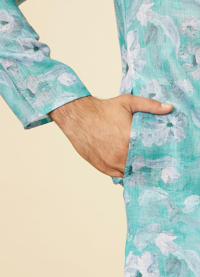 Manyavar Men Turquoise Floral Printed Kurta Set