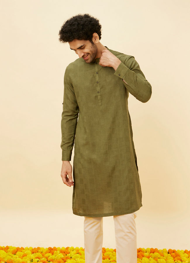 Manyavar Men Olive Green Check Printed Kurta Set