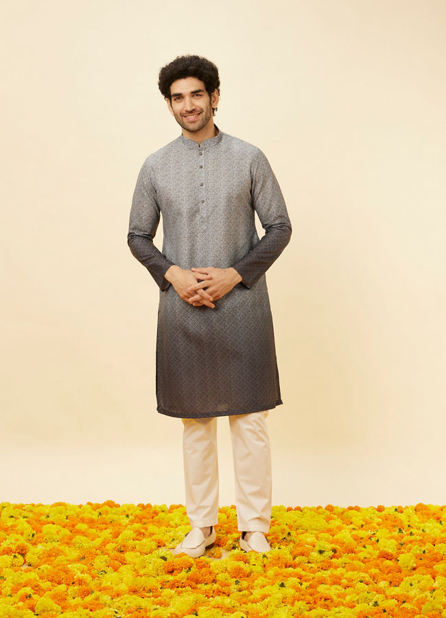 Manyavar Men Cloud Grey Ombre Effect Floral Lattice Printed Kurta Set