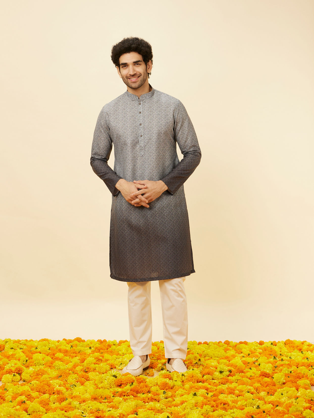 Manyavar Men Cloud Grey Ombre Effect Floral Lattice Printed Kurta Set