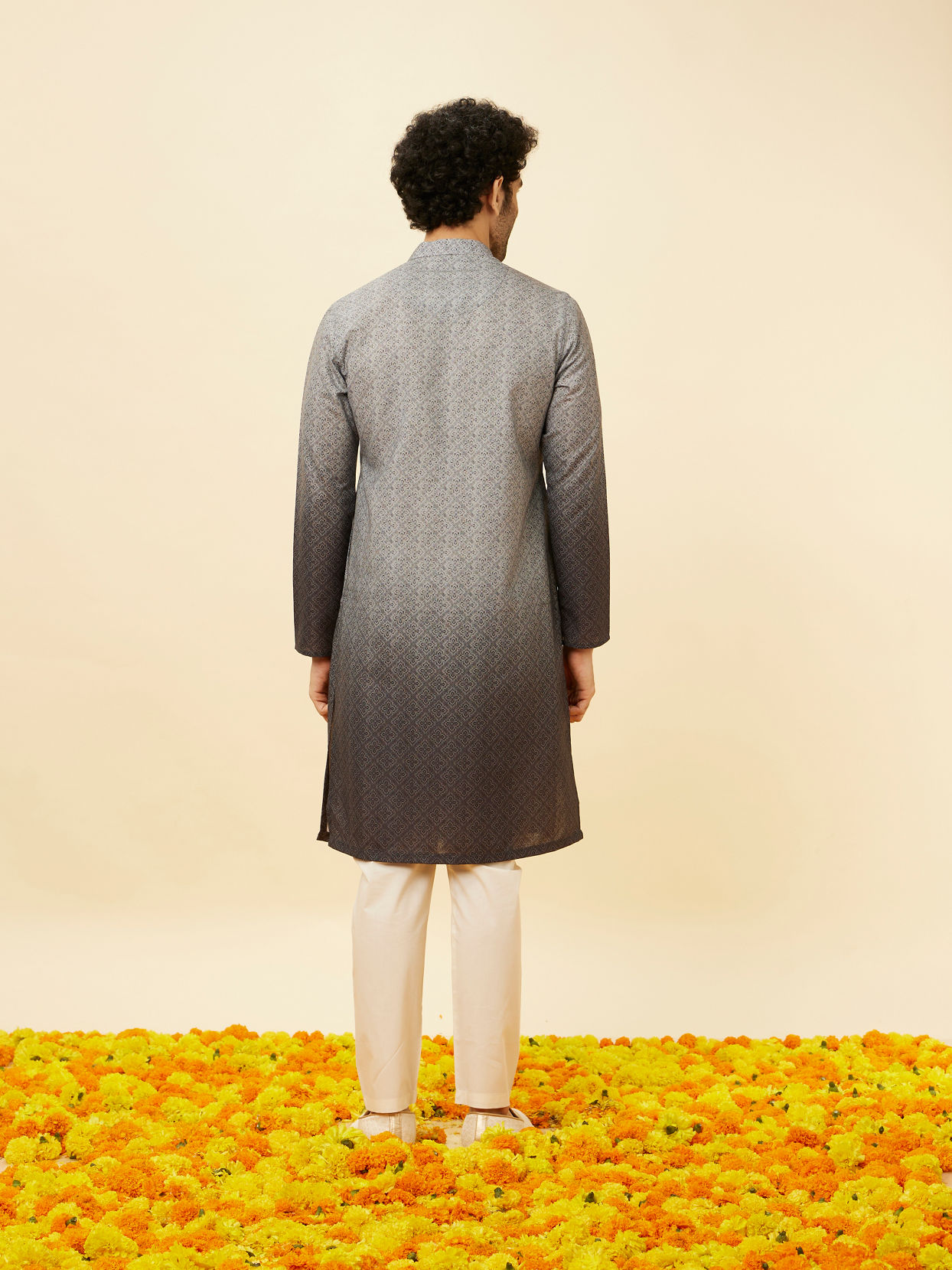 Manyavar Men Cloud Grey Ombre Effect Floral Lattice Printed Kurta Set