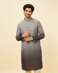 Manyavar Men Cloud Grey Ombre Effect Floral Lattice Printed Kurta Set
