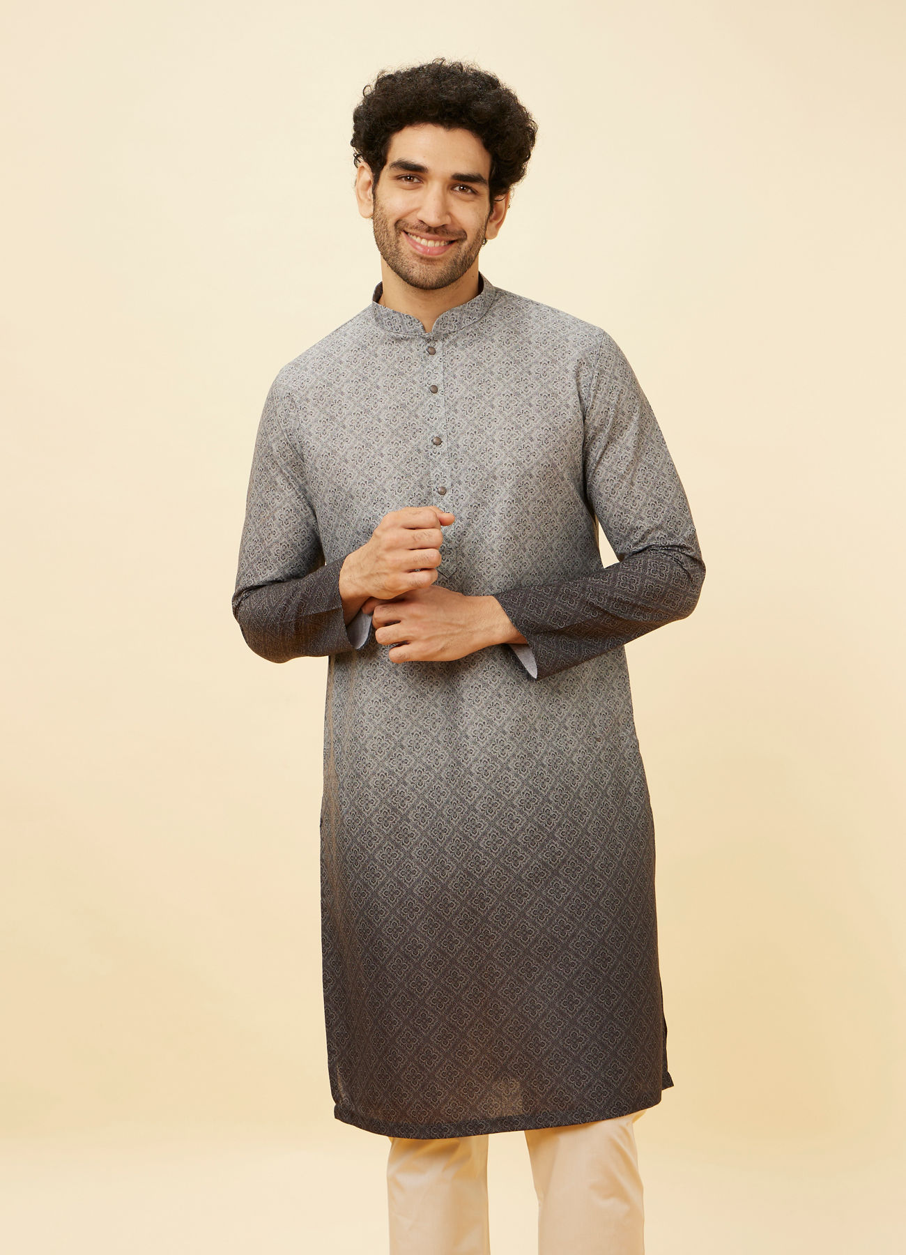 Manyavar Men Cloud Grey Ombre Effect Floral Lattice Printed Kurta Set