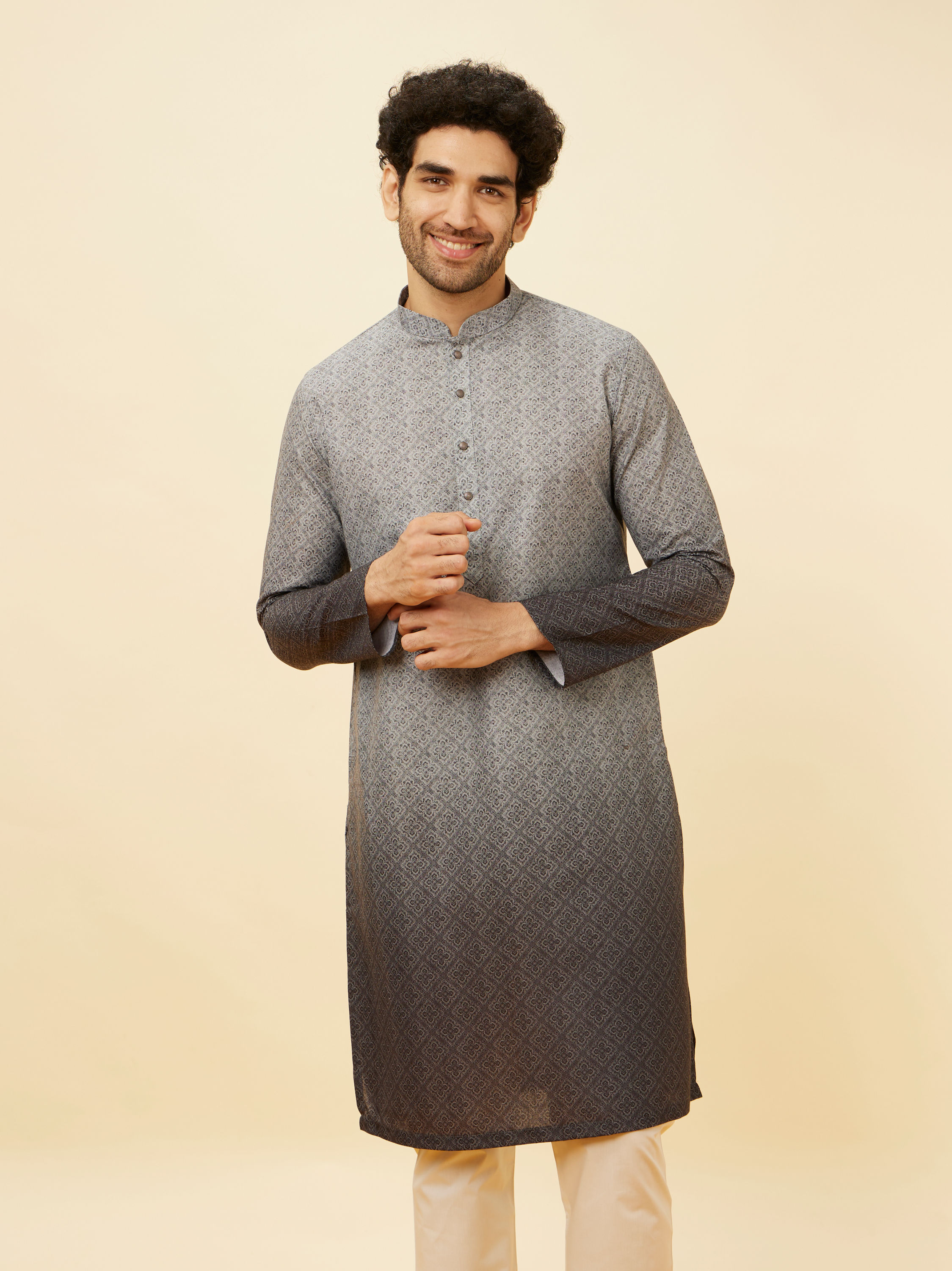 Manyavar Men Cloud Grey Ombre Effect Floral Lattice Printed Kurta Set