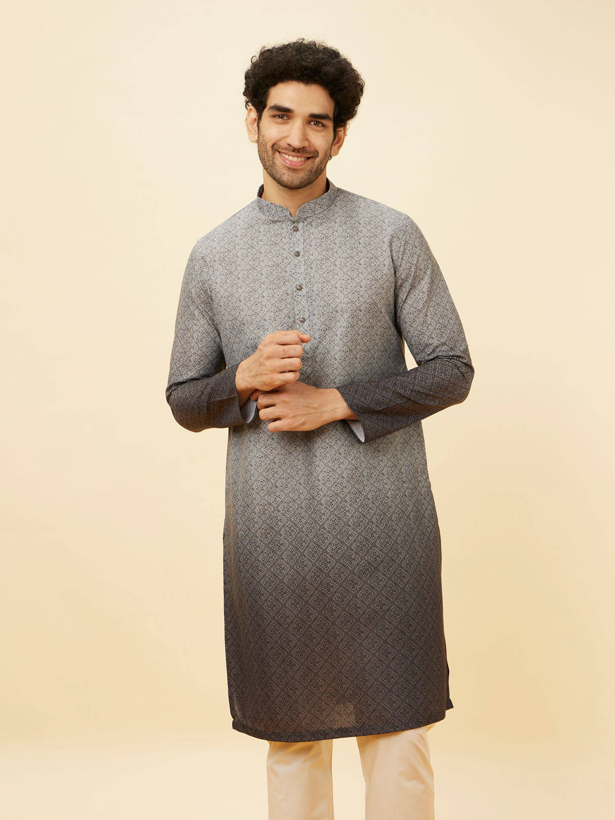 Manyavar Men Cloud Grey Ombre Effect Floral Lattice Printed Kurta Set image number 0