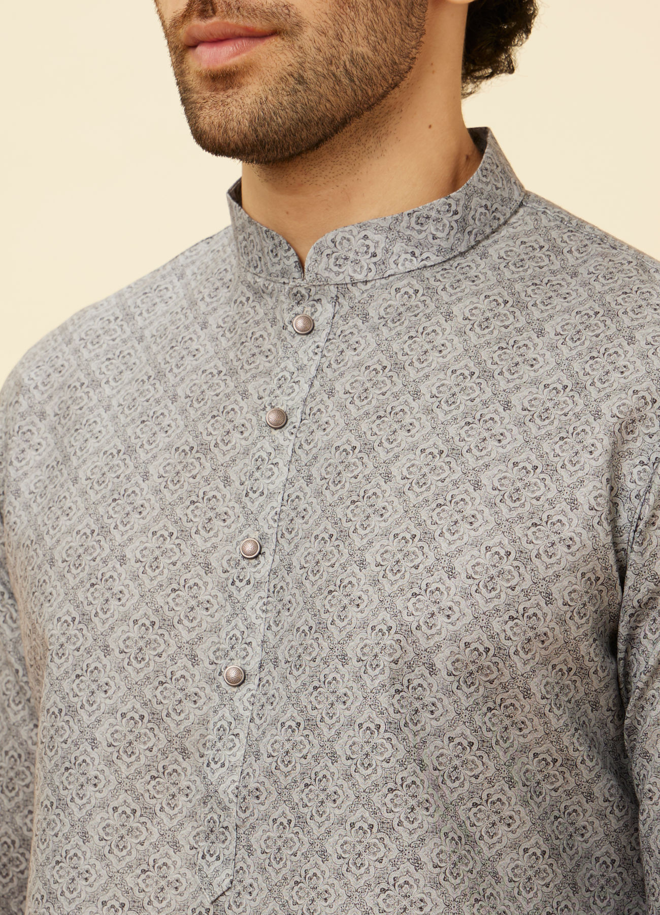Manyavar Men Cloud Grey Ombre Effect Floral Lattice Printed Kurta Set