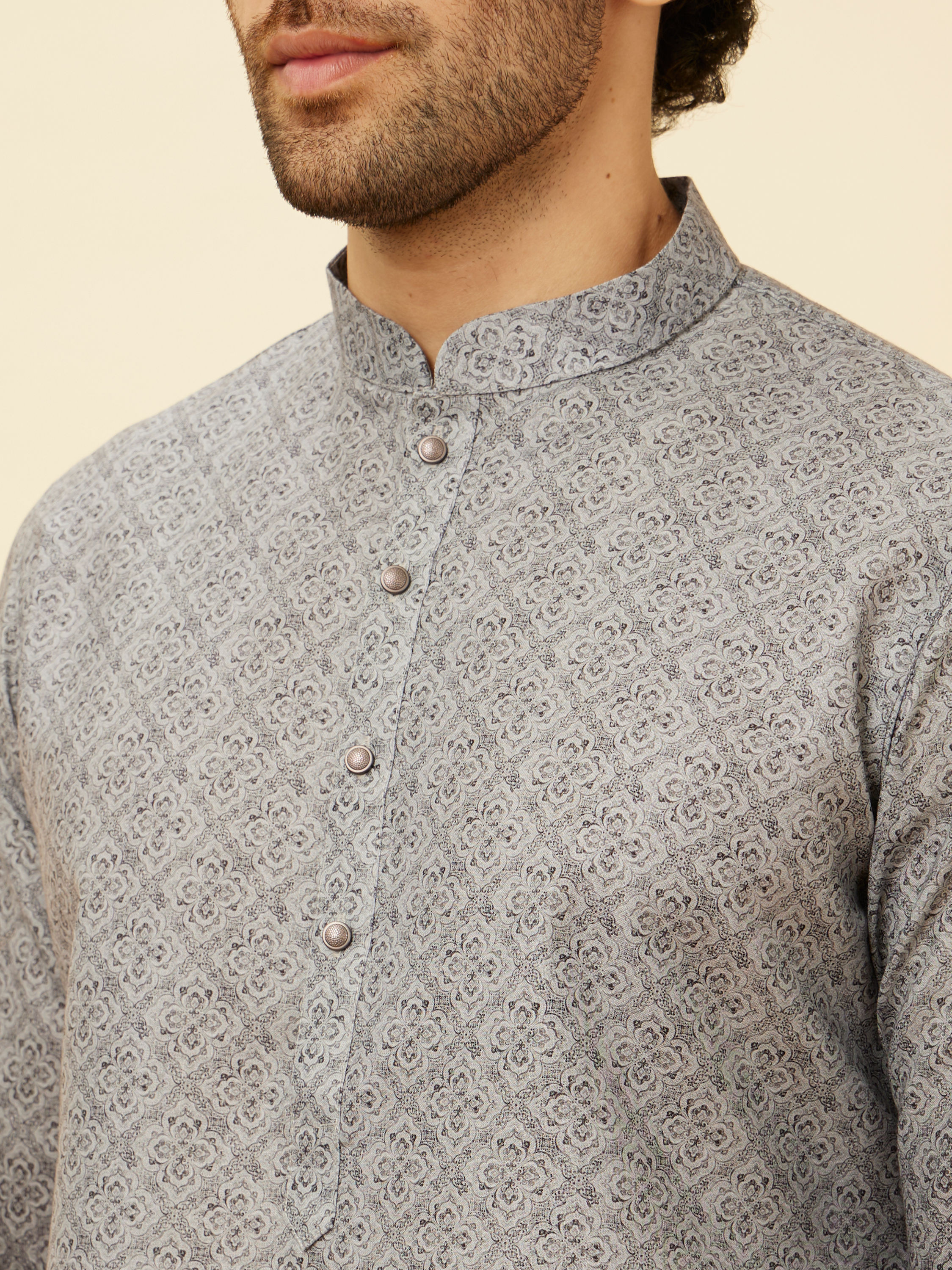 Manyavar Men Cloud Grey Ombre Effect Floral Lattice Printed Kurta Set