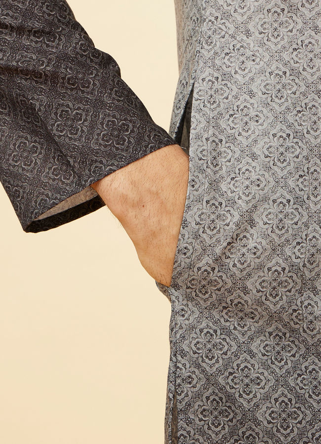 Manyavar Men Cloud Grey Ombre Effect Floral Lattice Printed Kurta Set