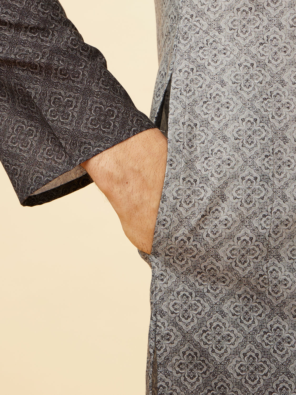 Manyavar Men Cloud Grey Ombre Effect Floral Lattice Printed Kurta Set