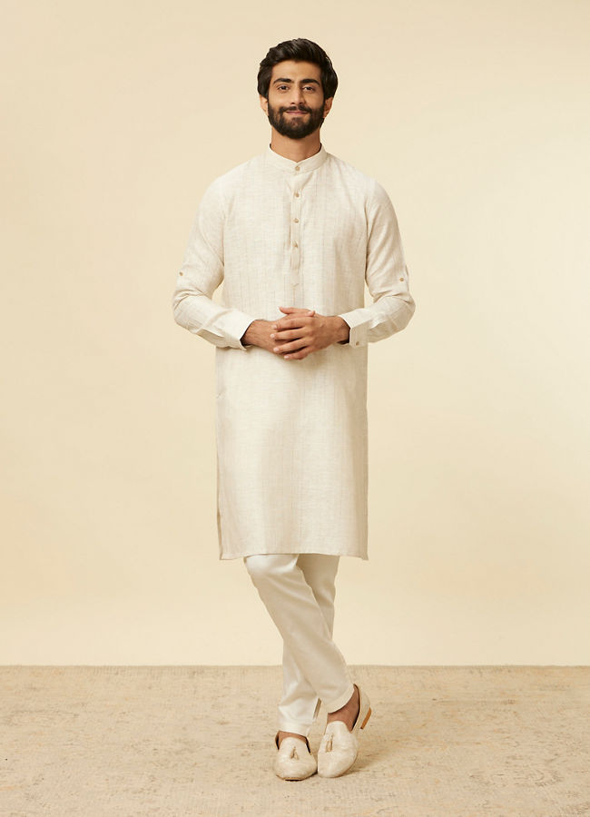 Manyavar Men Ivory White Self Patterned Kurta