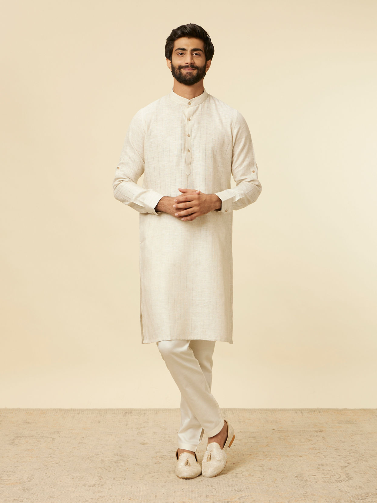 Manyavar Men Ivory White Self Patterned Kurta