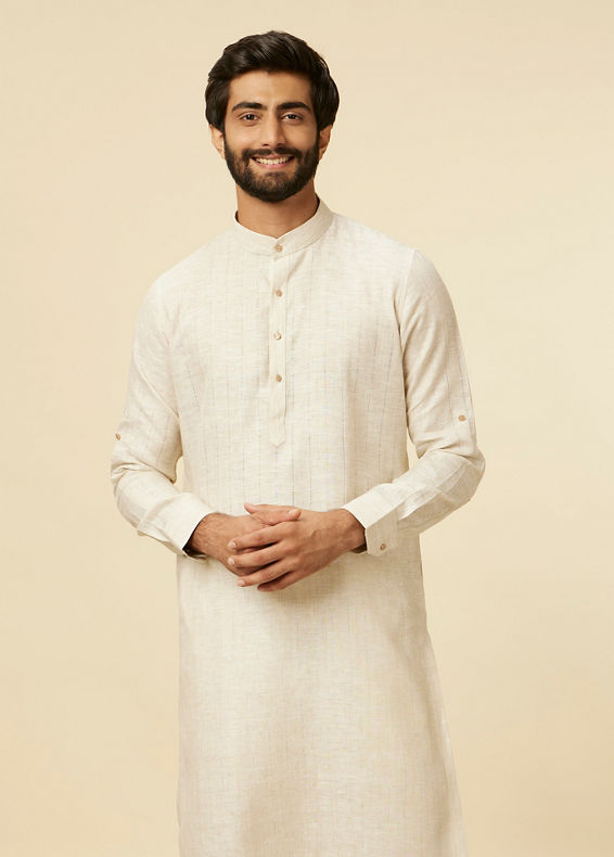 Manyavar Men Ivory White Self Patterned Kurta