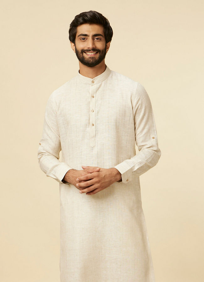 Manyavar Men Ivory White Self Patterned Kurta