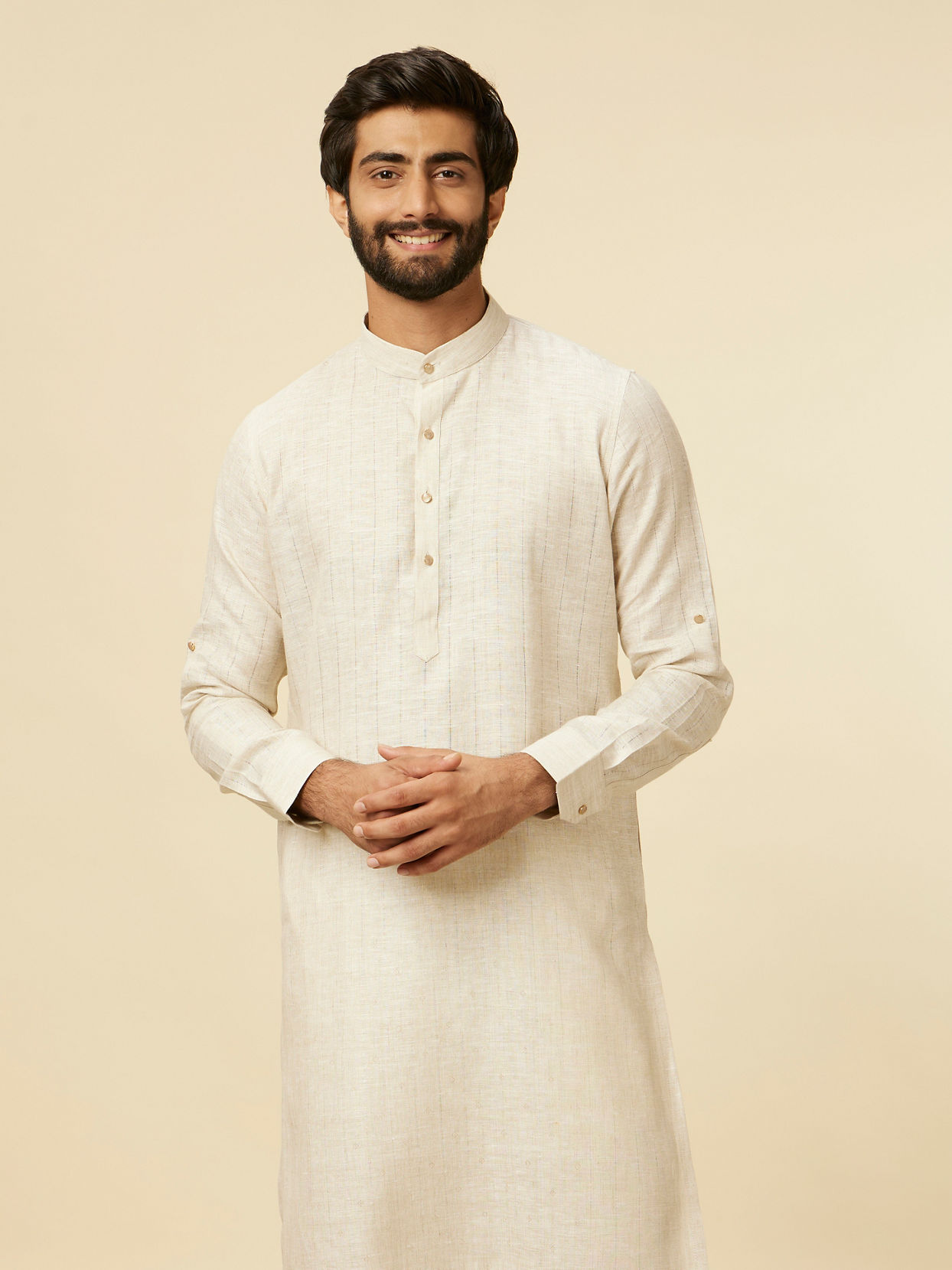 Manyavar Men Ivory White Self Patterned Kurta